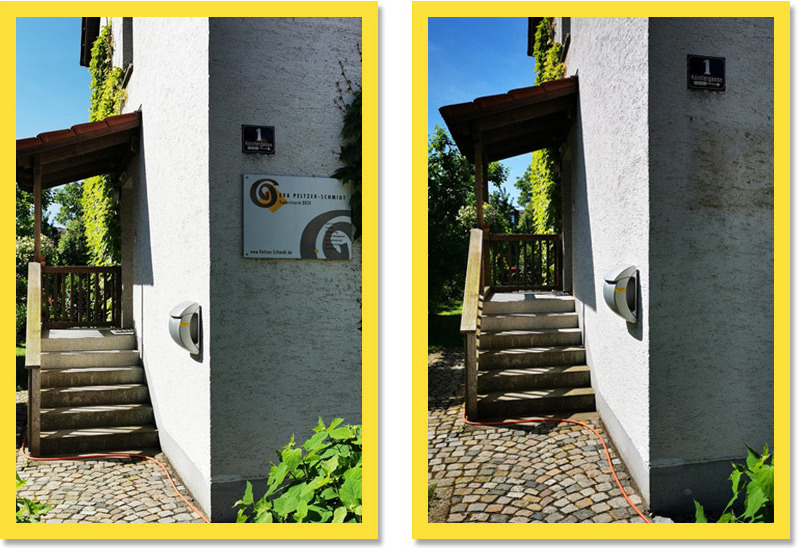 Zwei Fotos des Hauseingangs mit Treppe, einmal mit und einmal ohne Praxisschild